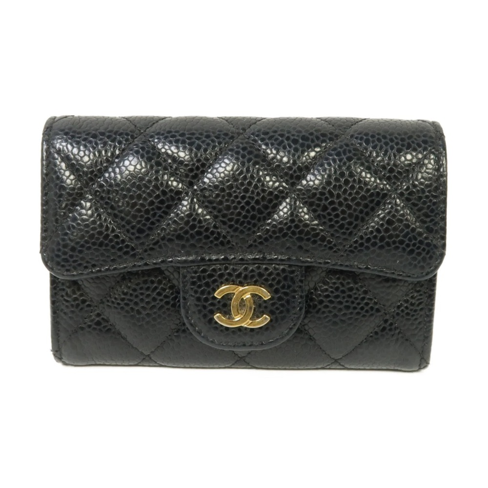 Chanel Card Holder Wallet Quilted Caviar Gold-tone Black